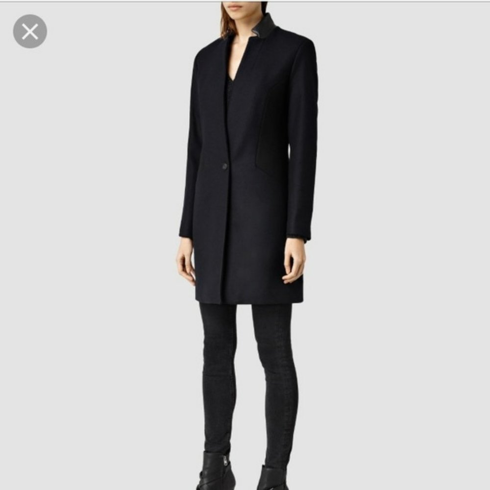 All Saints Vita Vine Black Wool & Leather Coat